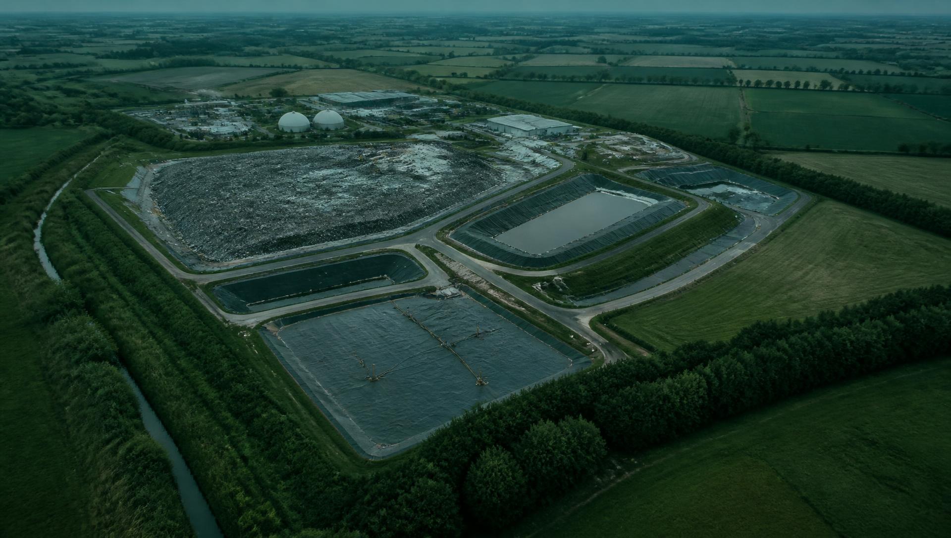 Vista aerea di una discarica con bacini di contenimento e impianto di captazione del biogas